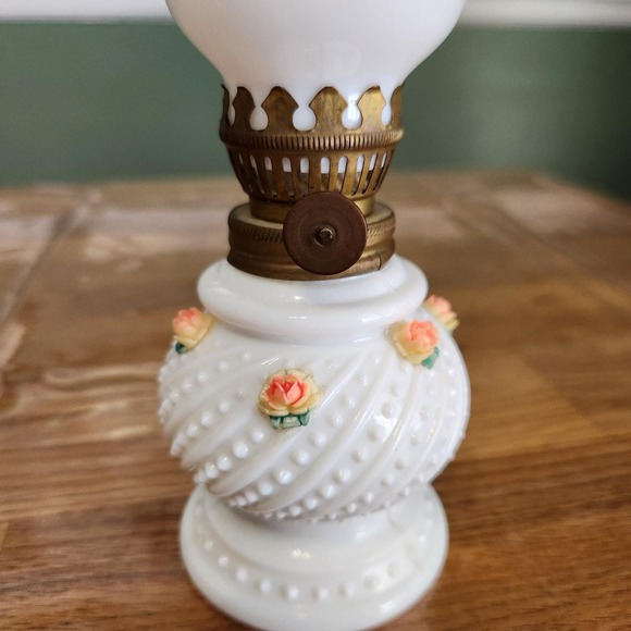 Vintage Milk Glass Oil Lamp With Petite  Pink Rose Decor Made In Japan - Picture 2 of 7